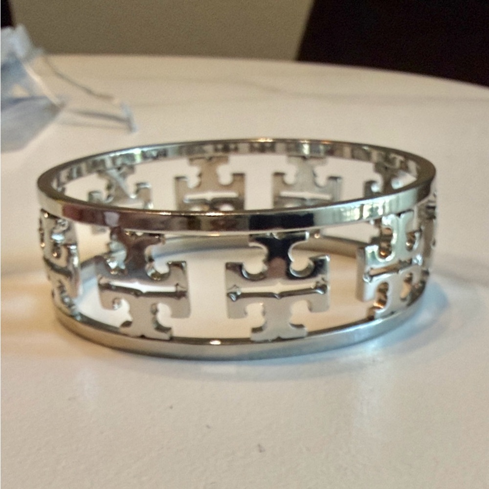 Tory Burch cutout double T bangle silver tone